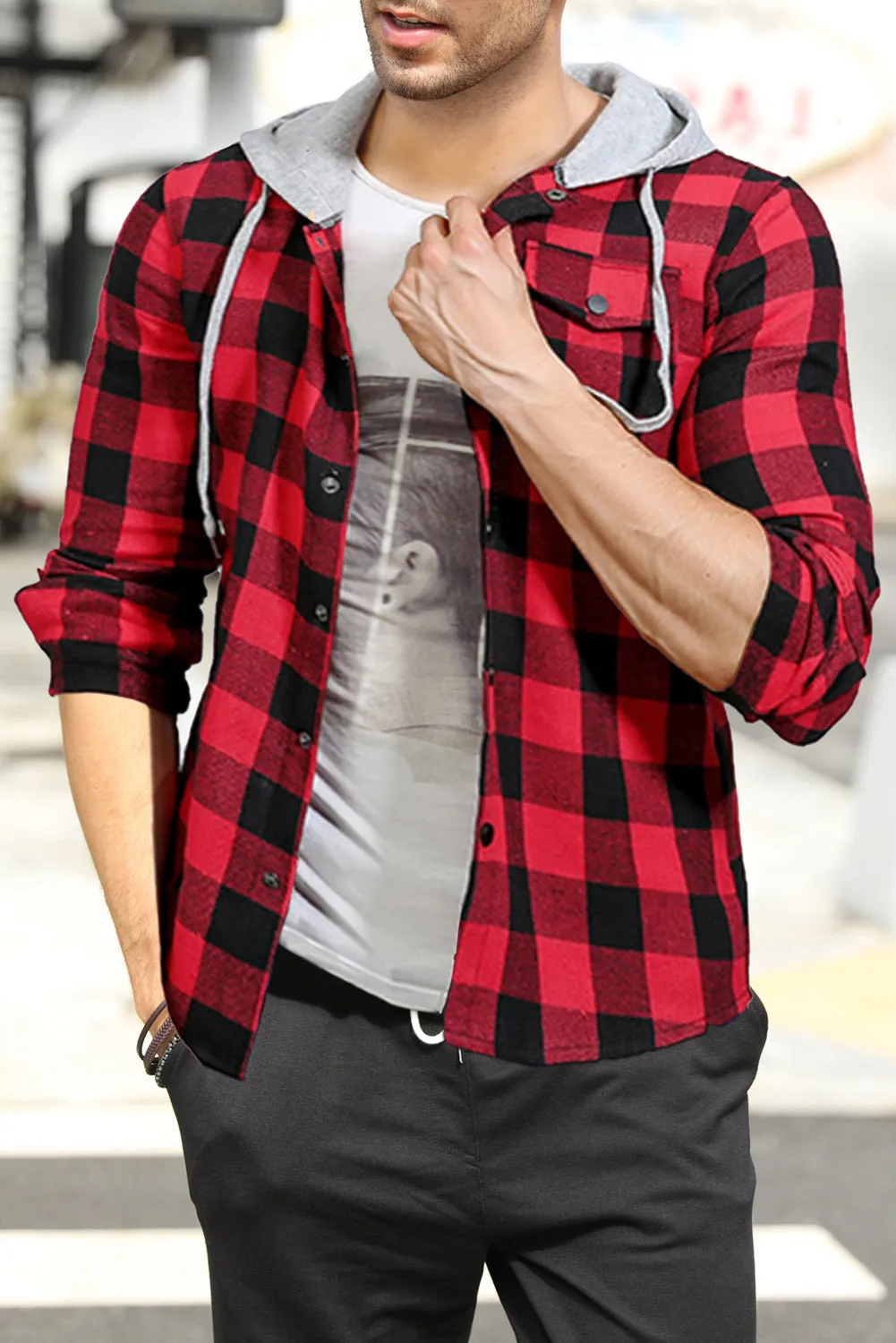 Mens Plaid Printed Drawstring Hooded Shacket