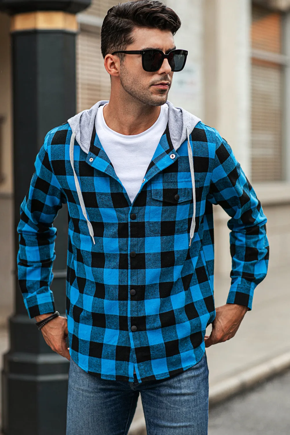Mens Plaid Printed Drawstring Hooded Shacket