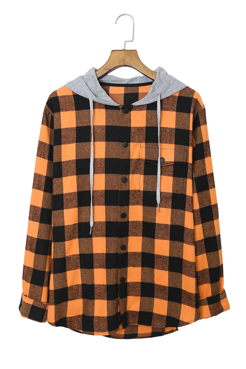 Mens Plaid Printed Drawstring Hooded Shacket