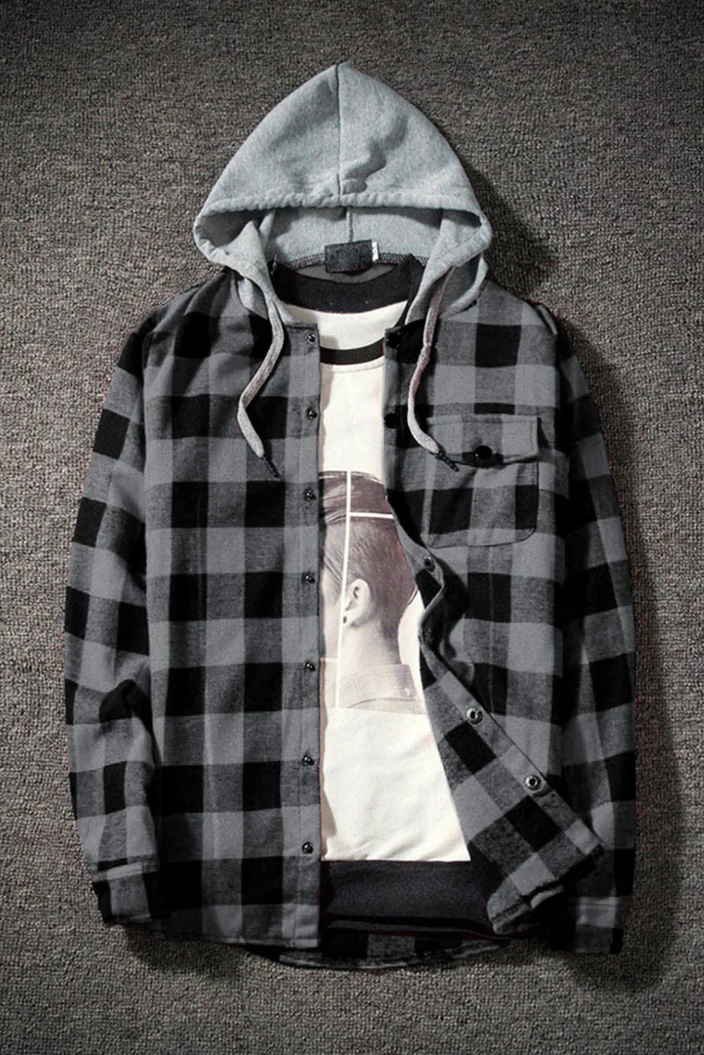 Mens Plaid Printed Drawstring Hooded Shacket