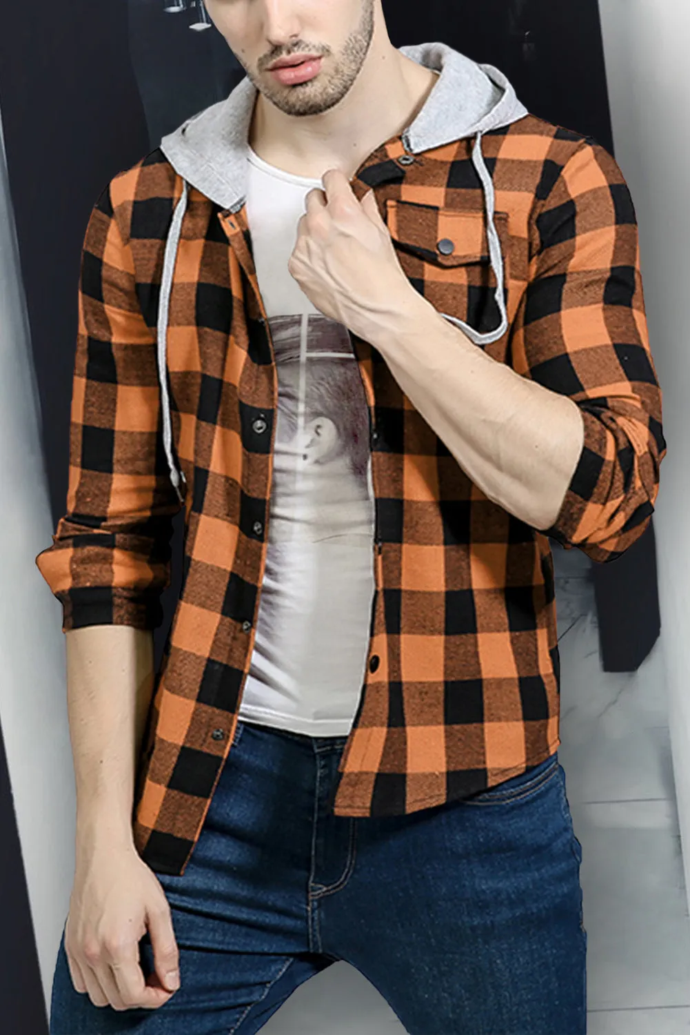Mens Plaid Printed Drawstring Hooded Shacket