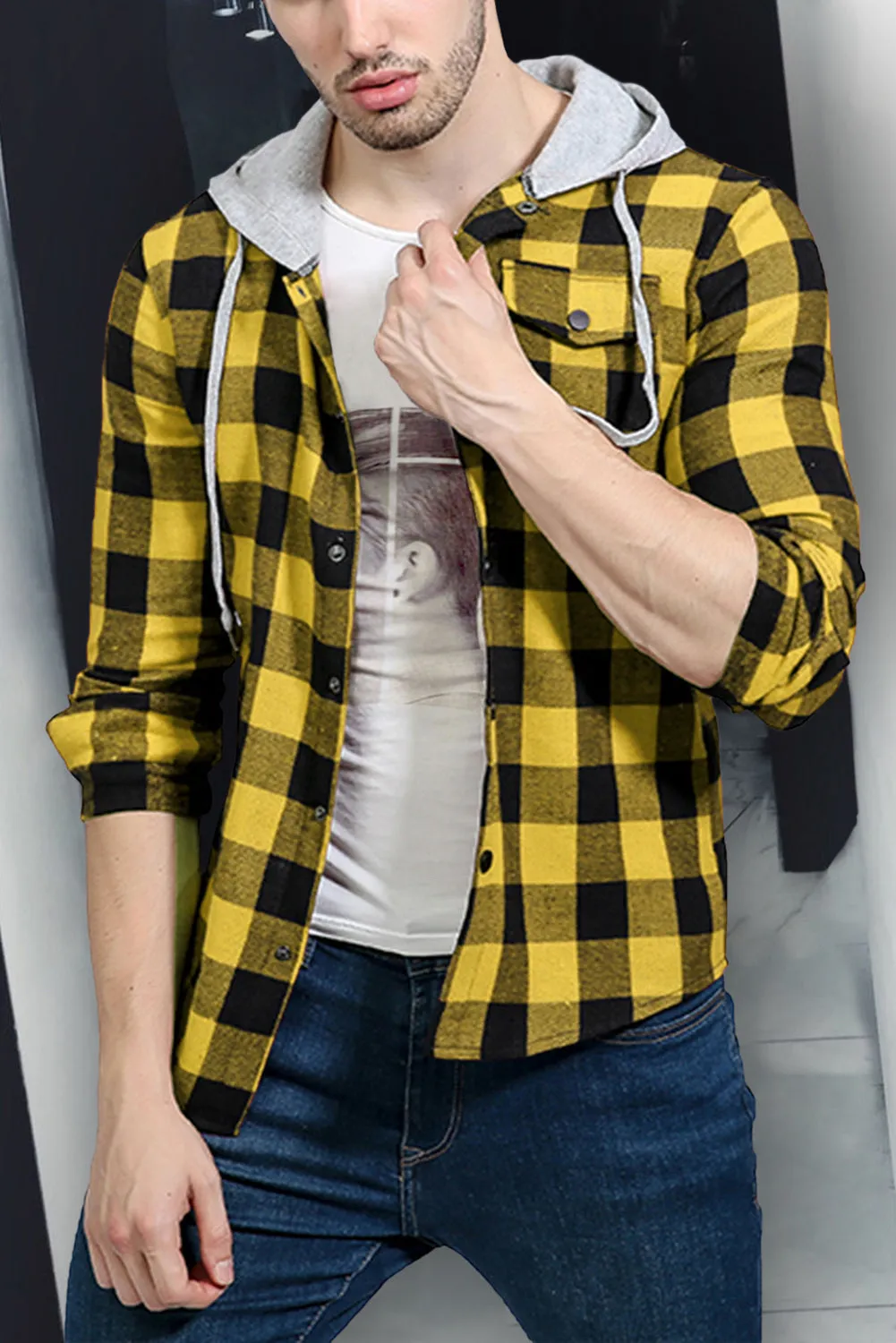 Mens Plaid Printed Drawstring Hooded Shacket