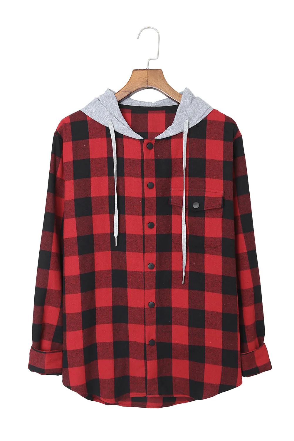 Mens Plaid Printed Drawstring Hooded Shacket