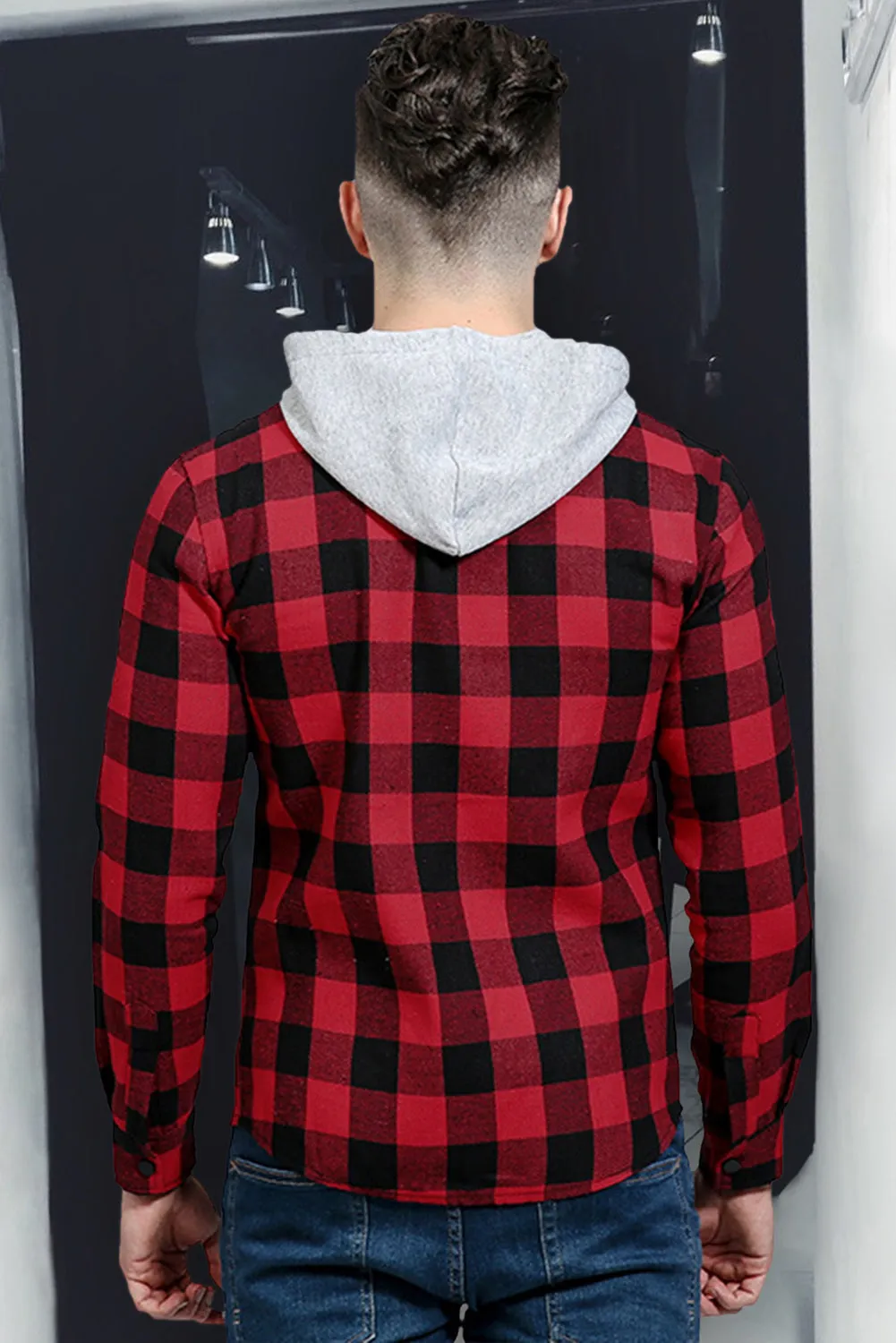 Mens Plaid Printed Drawstring Hooded Shacket