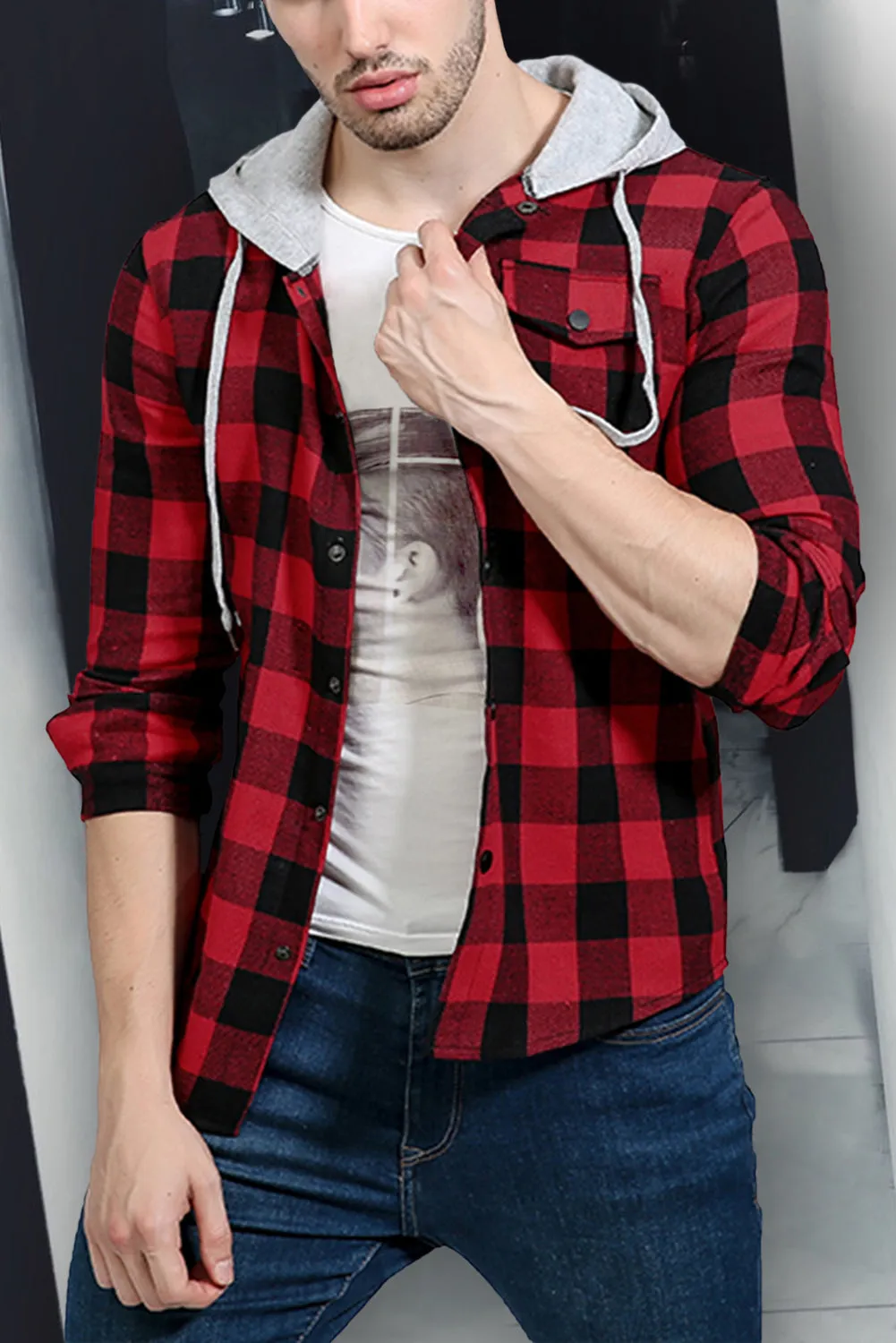 Mens Plaid Printed Drawstring Hooded Shacket