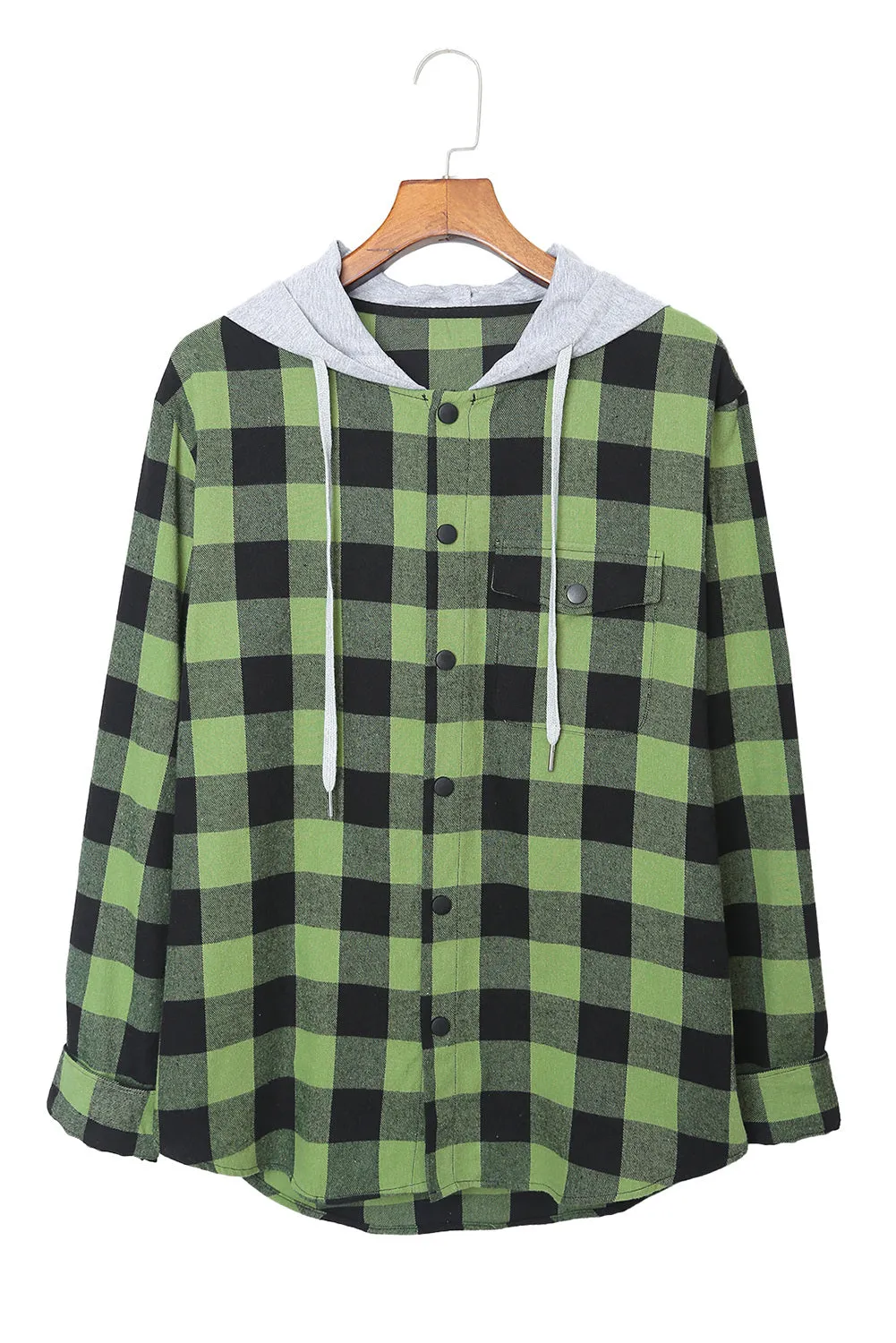 Mens Plaid Printed Drawstring Hooded Shacket