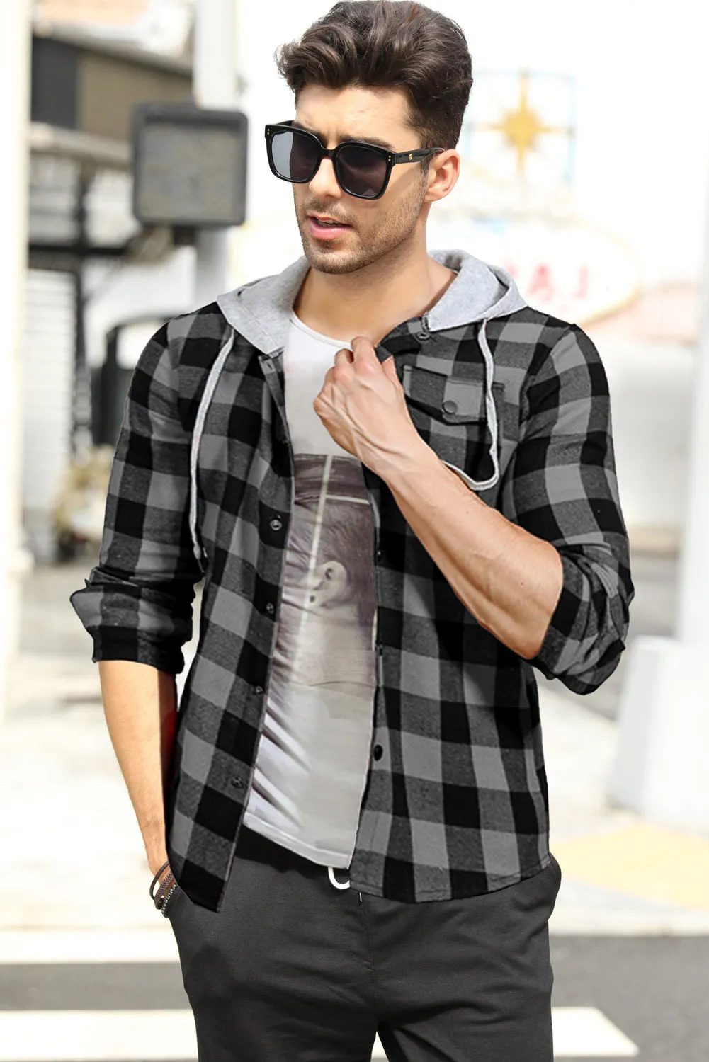 Mens Plaid Printed Drawstring Hooded Shacket