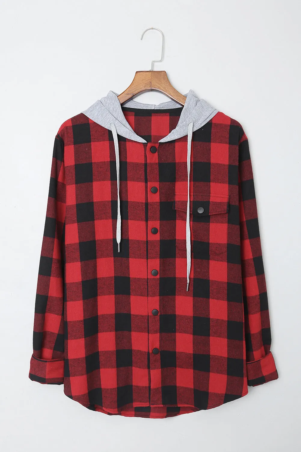 Mens Plaid Printed Drawstring Hooded Shacket