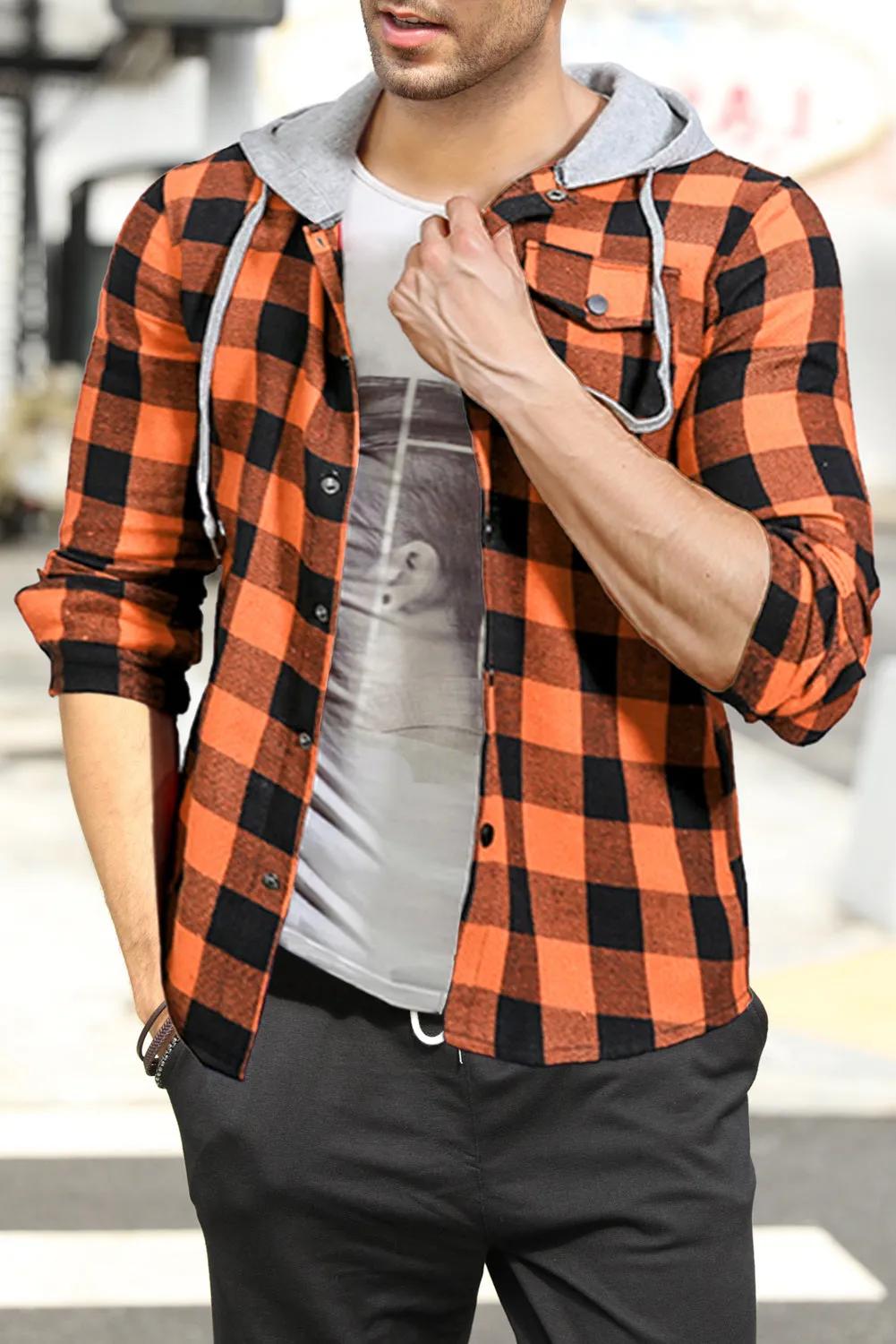 Mens Plaid Printed Drawstring Hooded Shacket