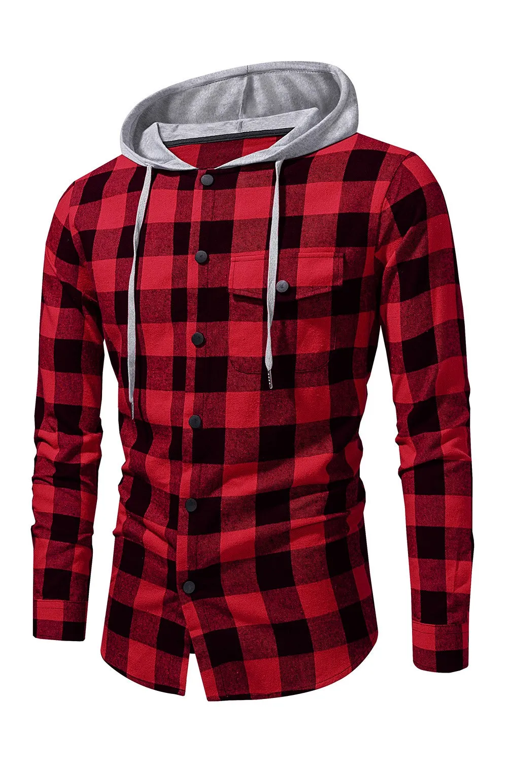 Mens Plaid Printed Drawstring Hooded Shacket