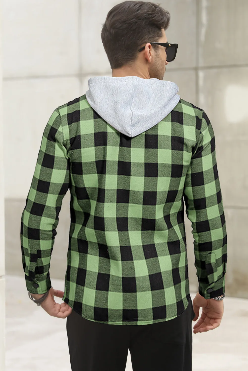Mens Plaid Printed Drawstring Hooded Shacket