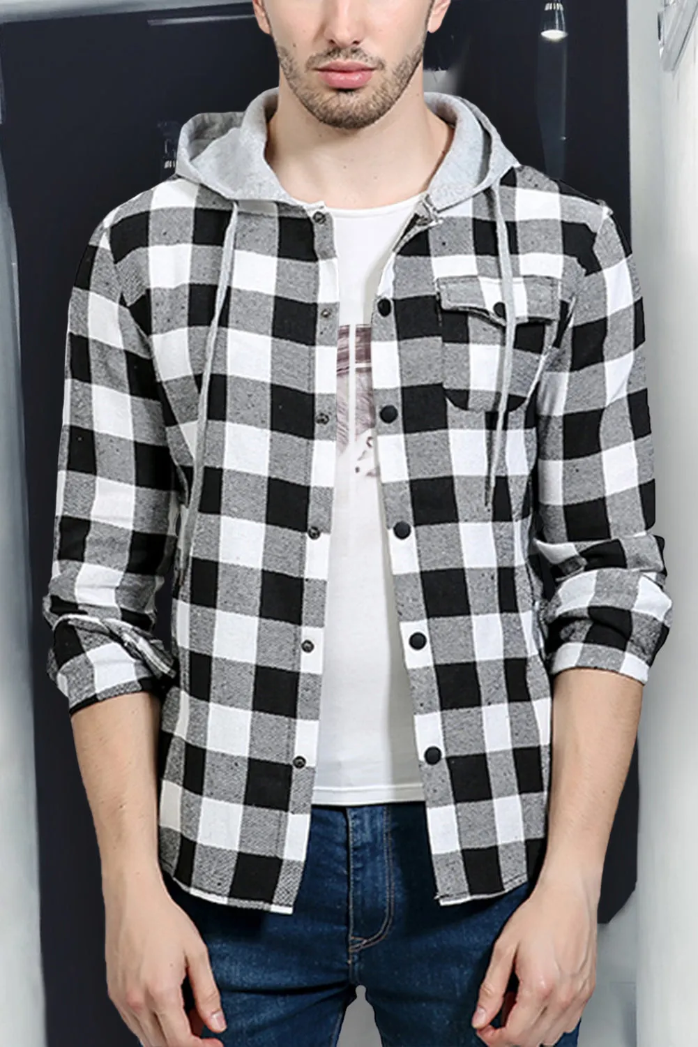 Mens Plaid Printed Drawstring Hooded Shacket