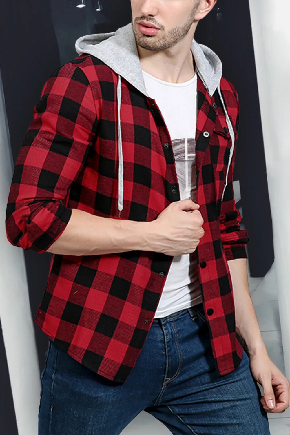 Mens Plaid Printed Drawstring Hooded Shacket