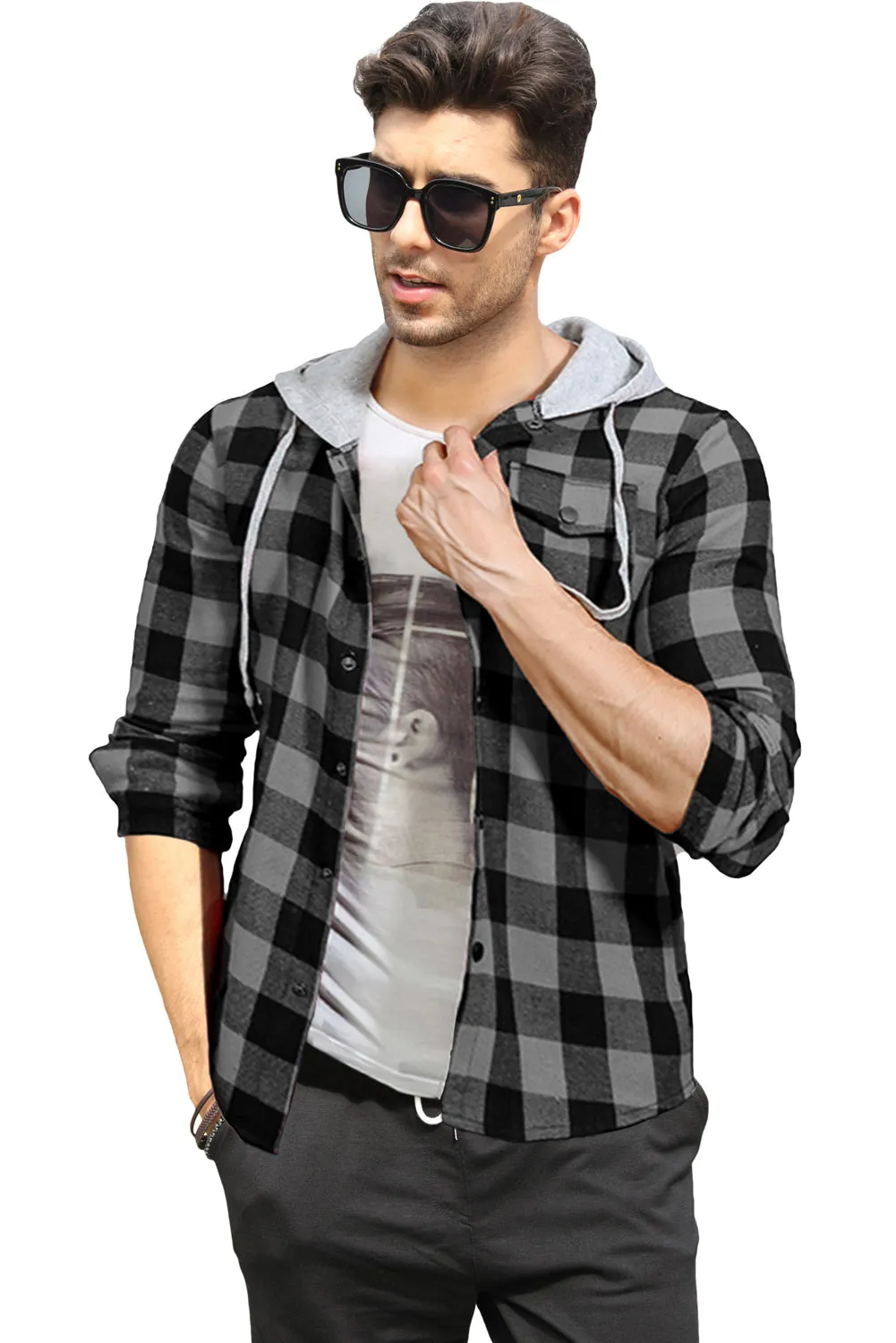 Mens Plaid Printed Drawstring Hooded Shacket