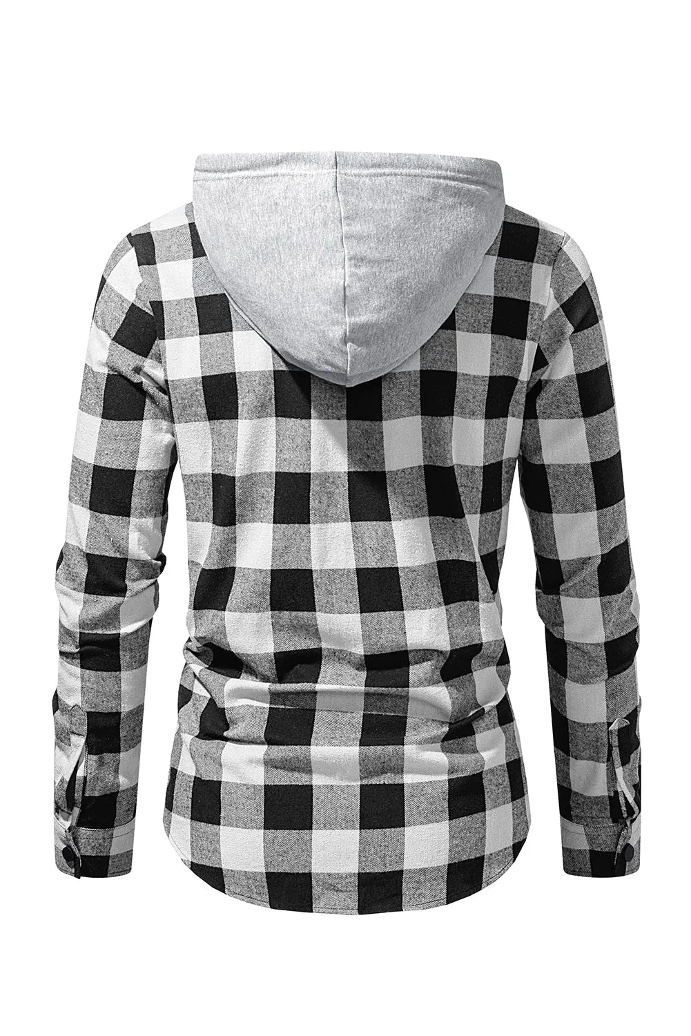 Mens Plaid Printed Drawstring Hooded Shacket