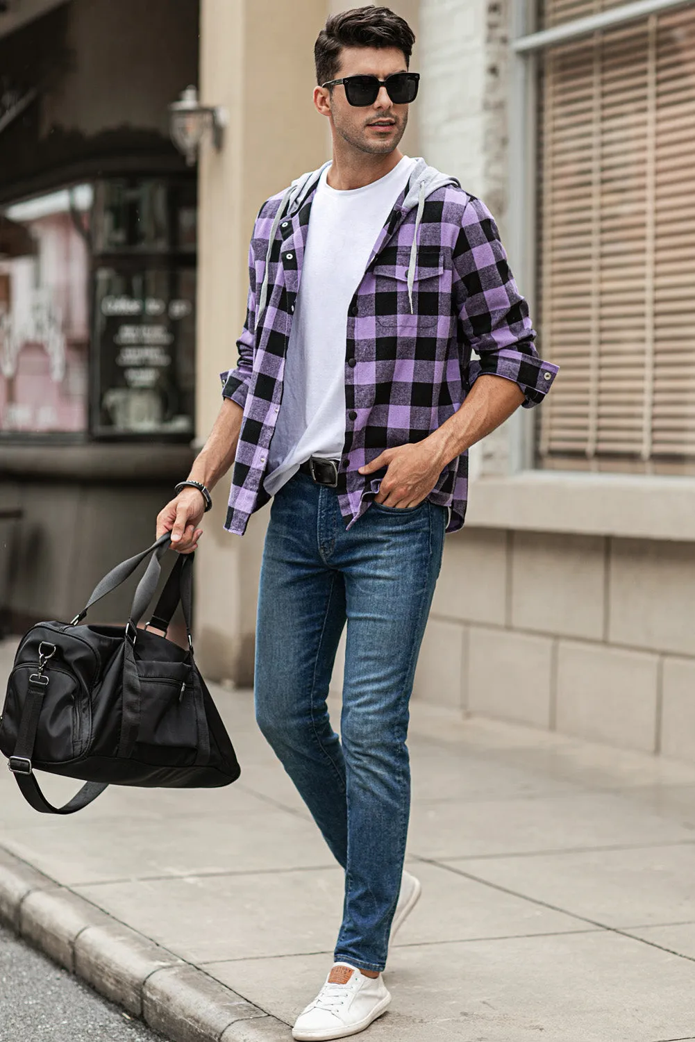 Mens Plaid Printed Drawstring Hooded Shacket