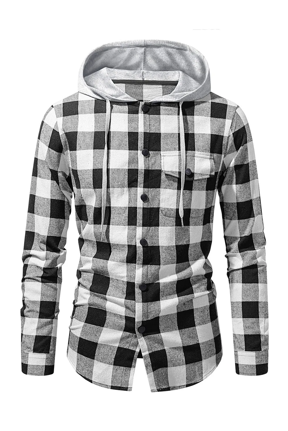 Mens Plaid Printed Drawstring Hooded Shacket