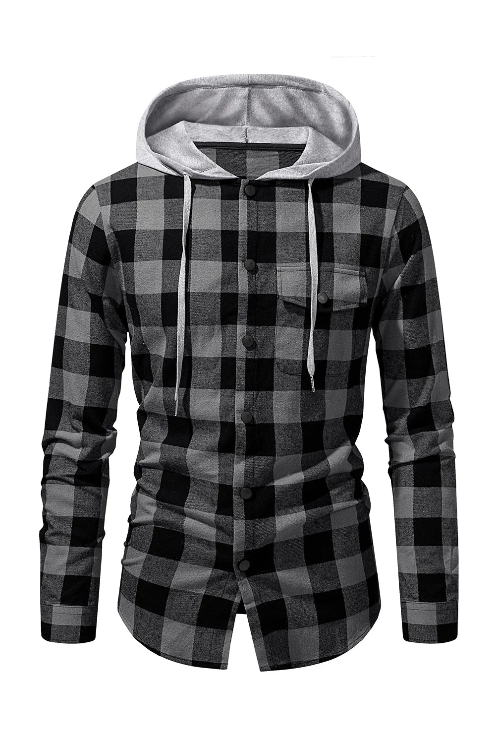 Mens Plaid Printed Drawstring Hooded Shacket