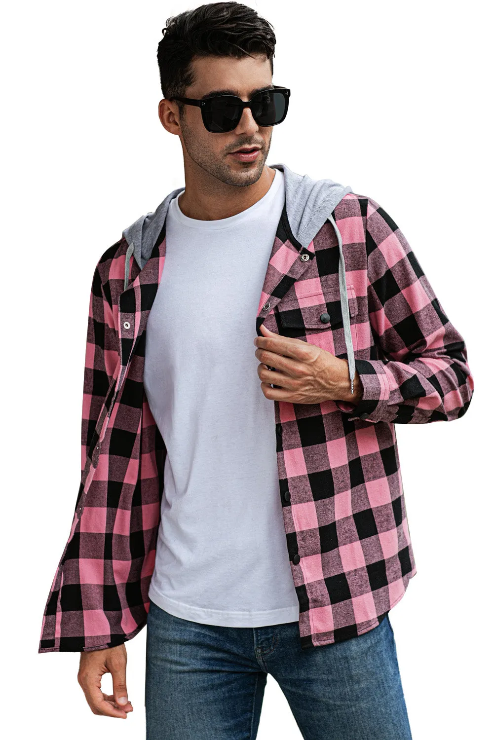 Mens Plaid Printed Drawstring Hooded Shacket