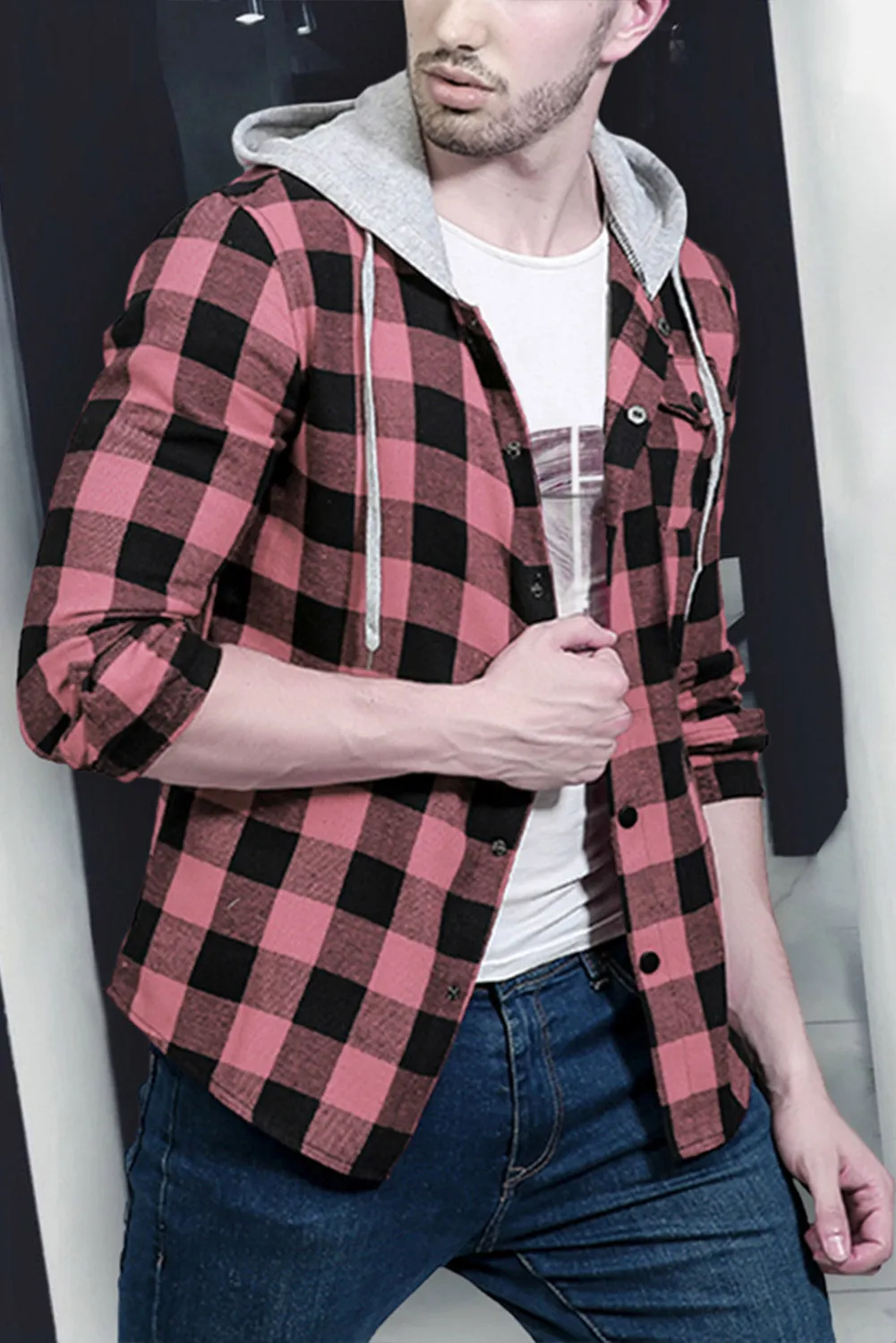 Mens Plaid Printed Drawstring Hooded Shacket