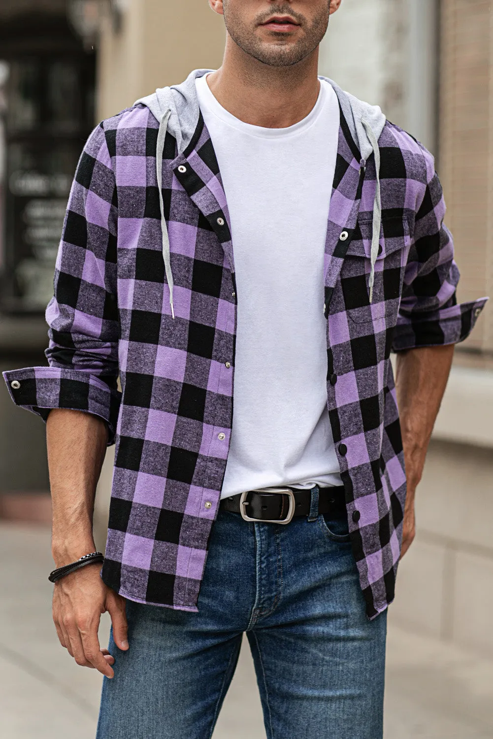 Mens Plaid Printed Drawstring Hooded Shacket