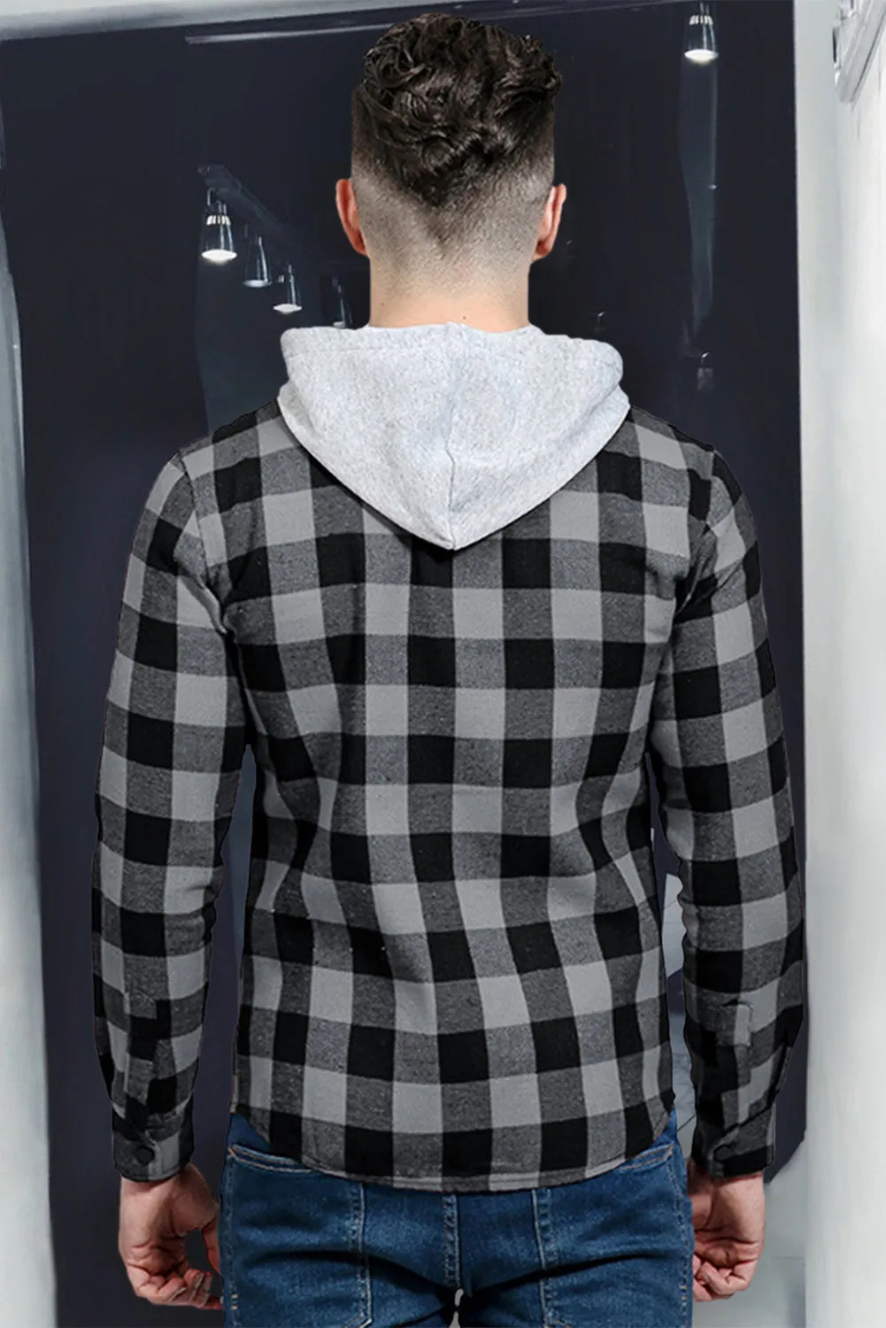Mens Plaid Printed Drawstring Hooded Shacket