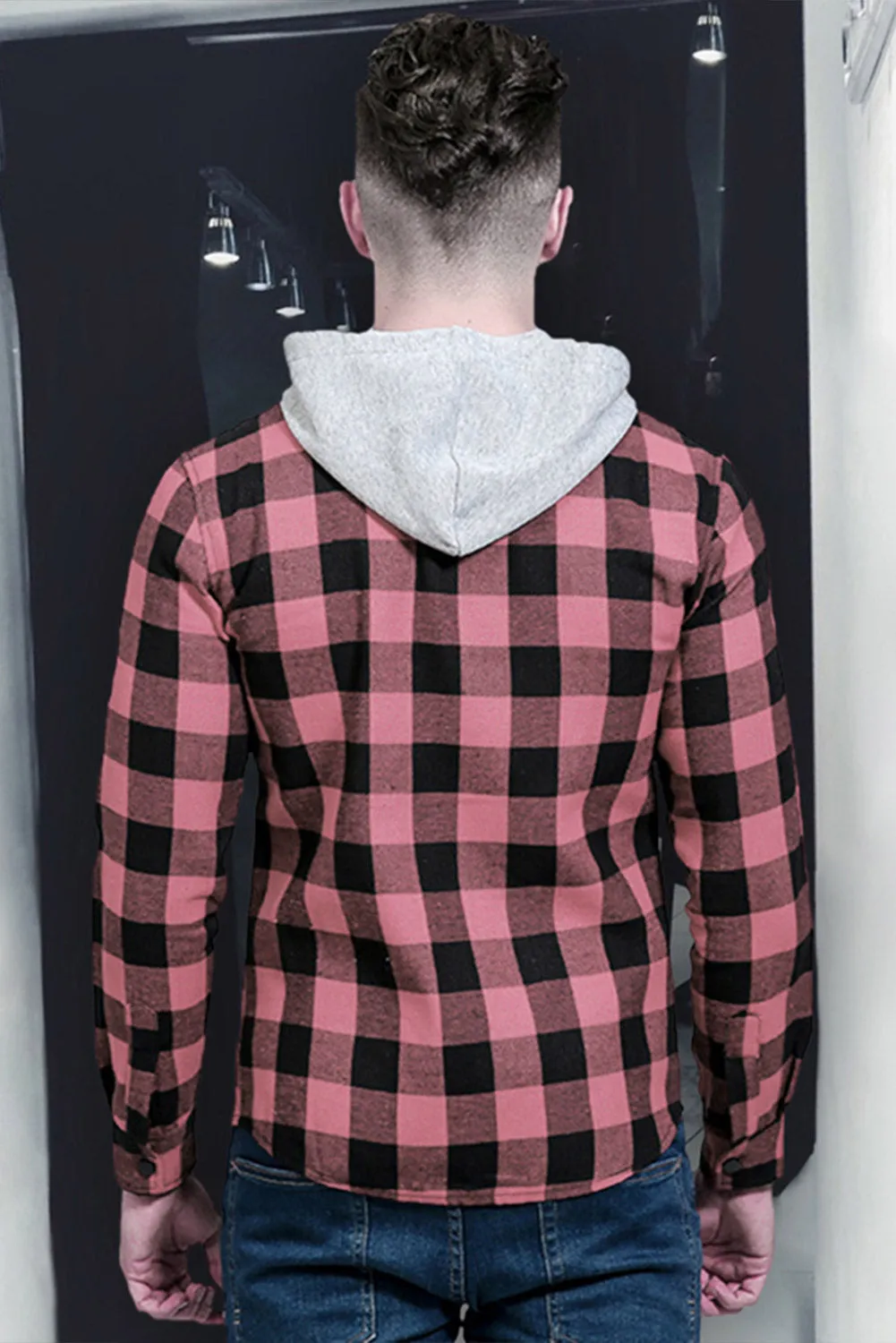 Mens Plaid Printed Drawstring Hooded Shacket