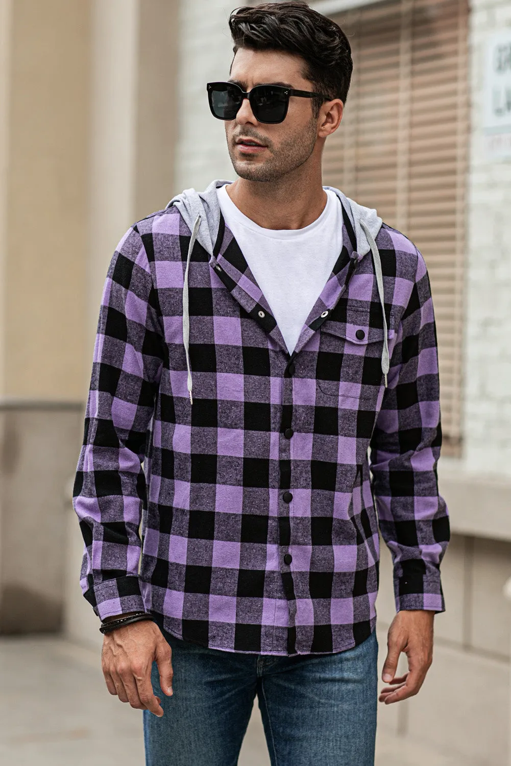 Mens Plaid Printed Drawstring Hooded Shacket