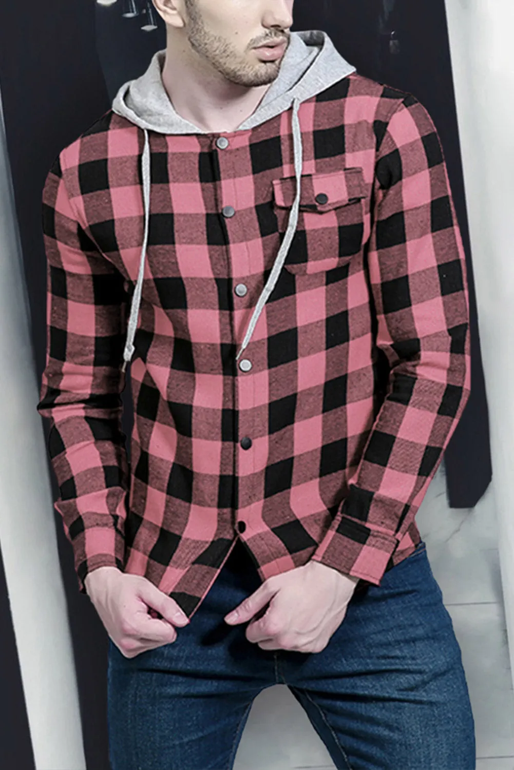 Mens Plaid Printed Drawstring Hooded Shacket