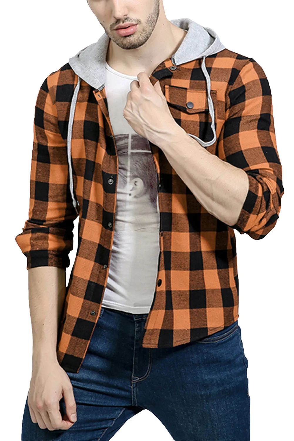Mens Plaid Printed Drawstring Hooded Shacket
