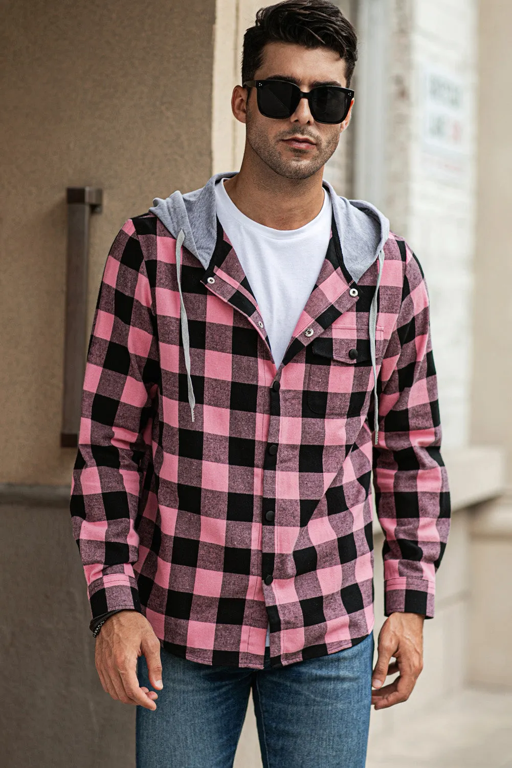 Mens Plaid Printed Drawstring Hooded Shacket