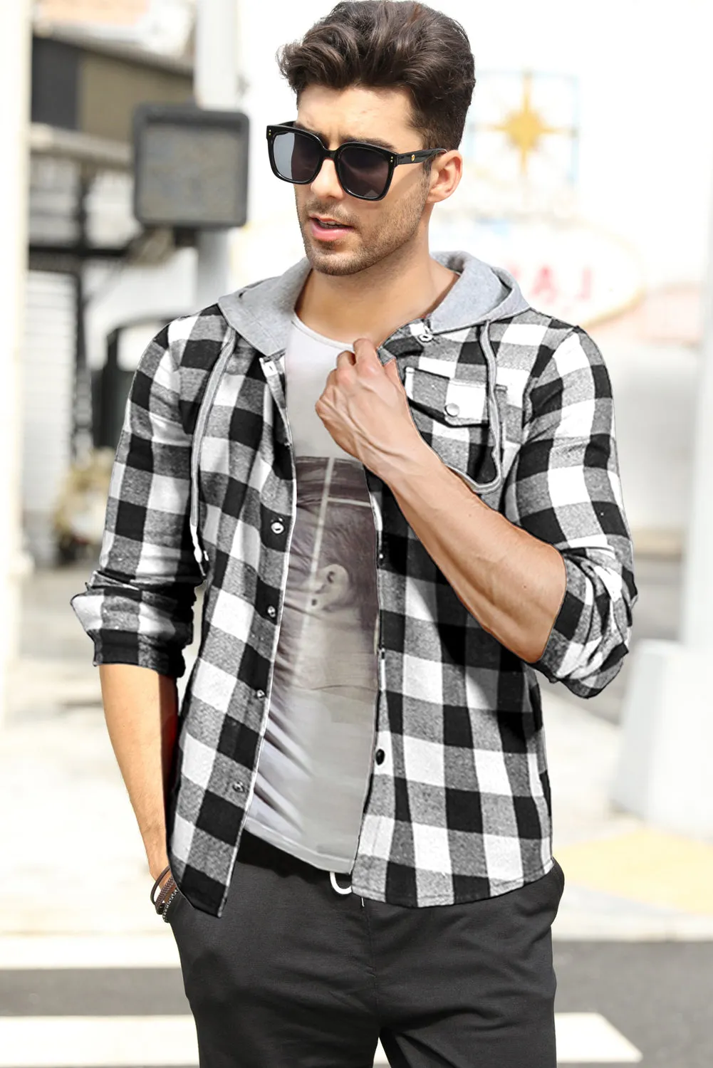 Mens Plaid Printed Drawstring Hooded Shacket