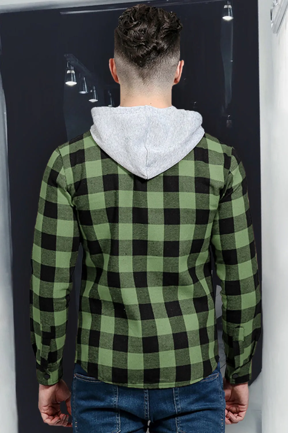 Mens Plaid Printed Drawstring Hooded Shacket