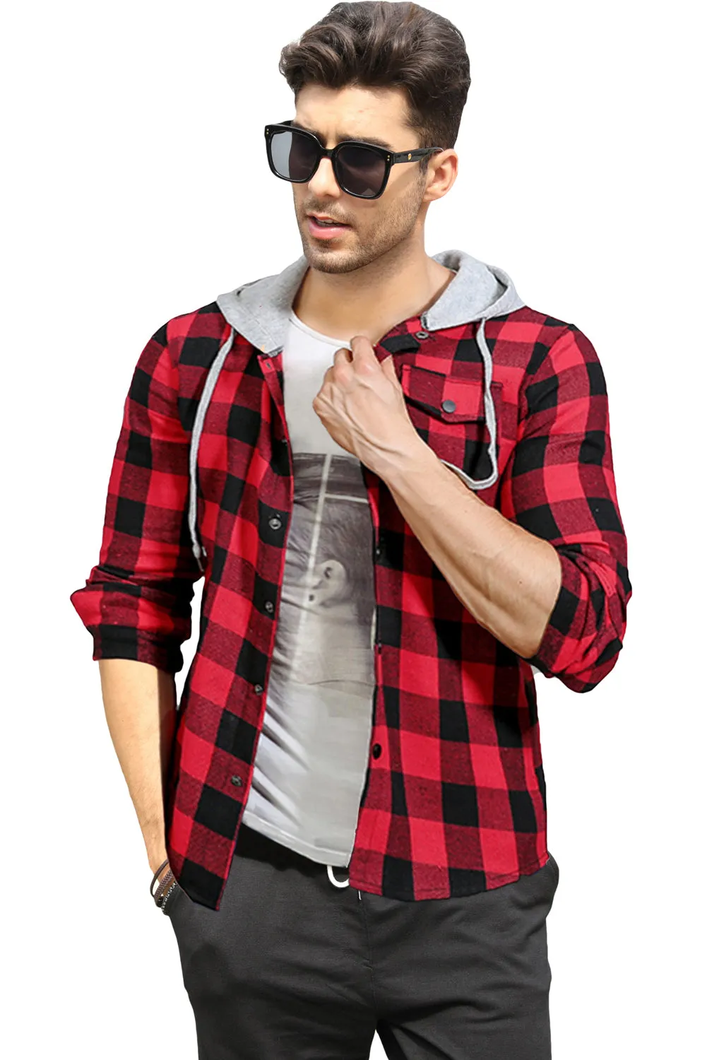 Mens Plaid Printed Drawstring Hooded Shacket