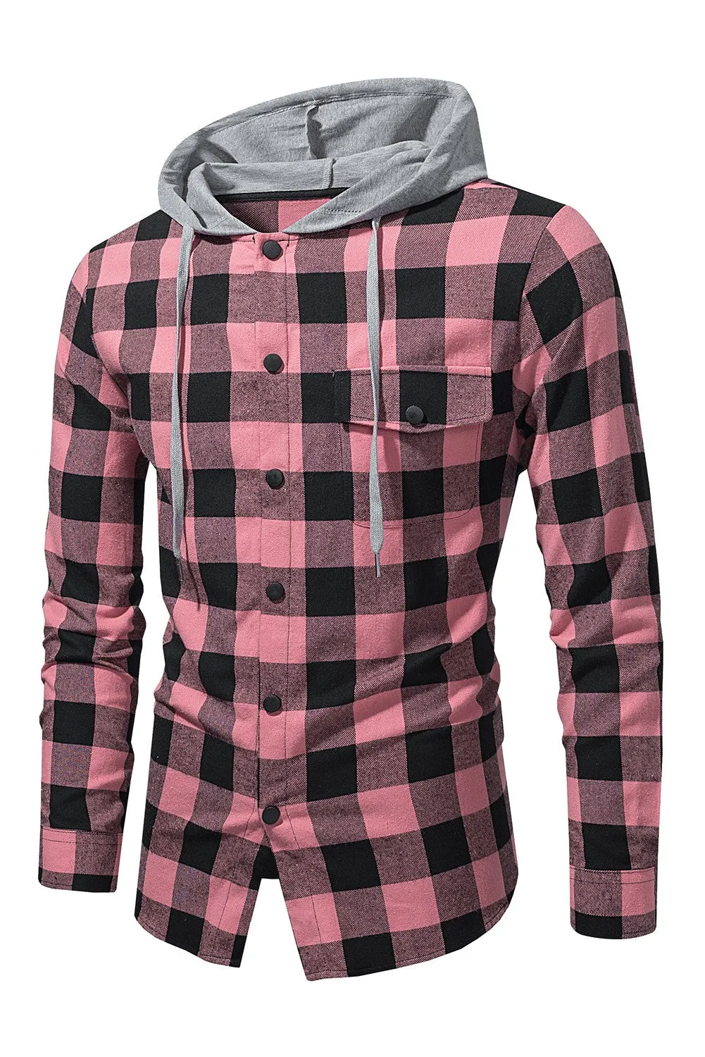 Mens Plaid Printed Drawstring Hooded Shacket