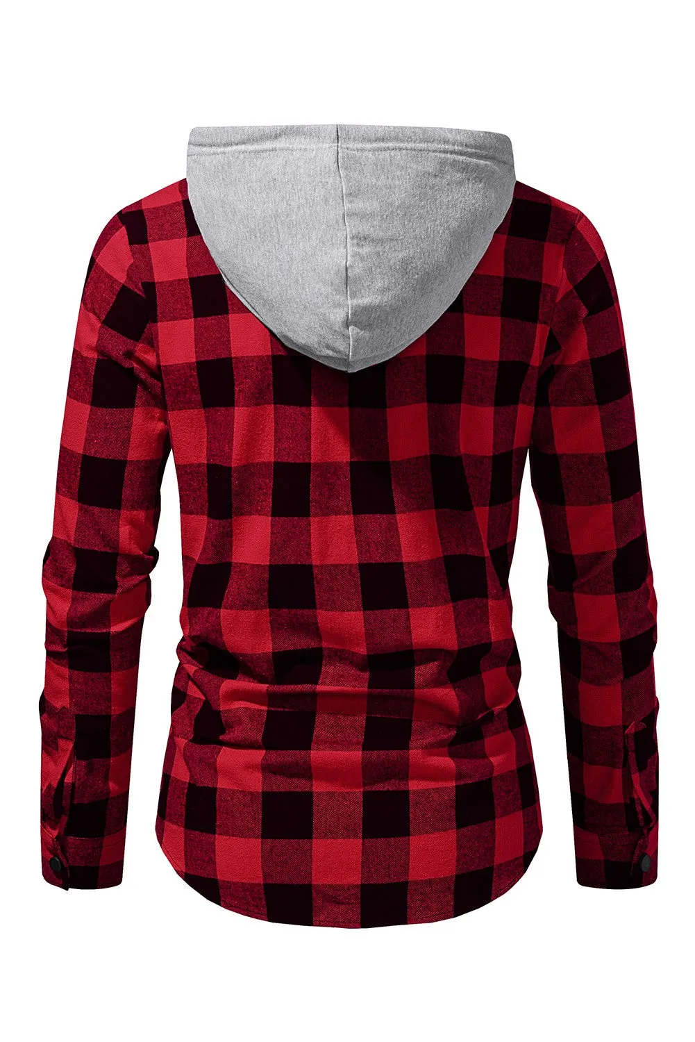 Mens Plaid Printed Drawstring Hooded Shacket