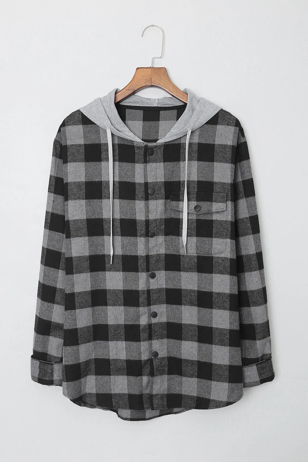Mens Plaid Printed Drawstring Hooded Shacket