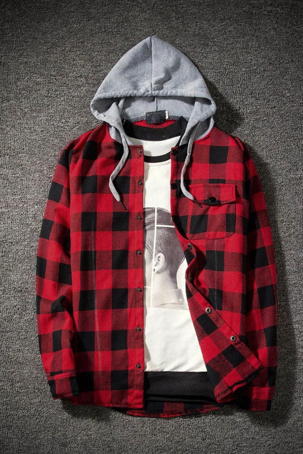 Mens Plaid Printed Drawstring Hooded Shacket