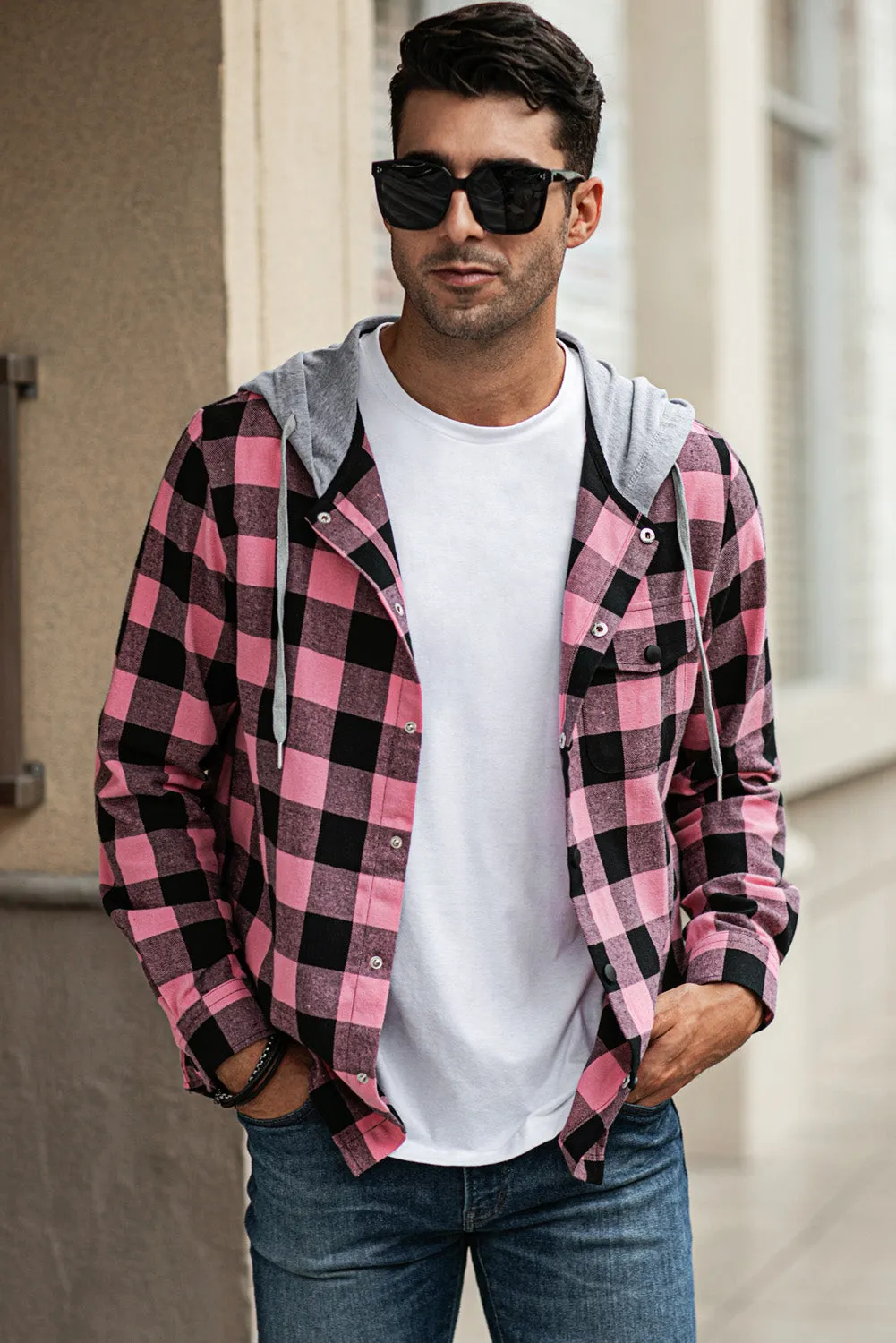 Mens Plaid Printed Drawstring Hooded Shacket