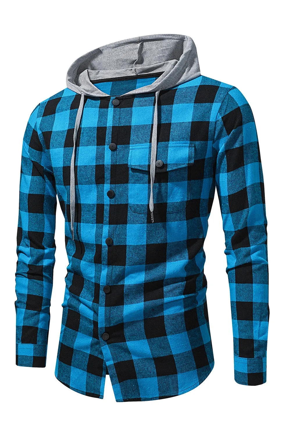 Mens Plaid Printed Drawstring Hooded Shacket