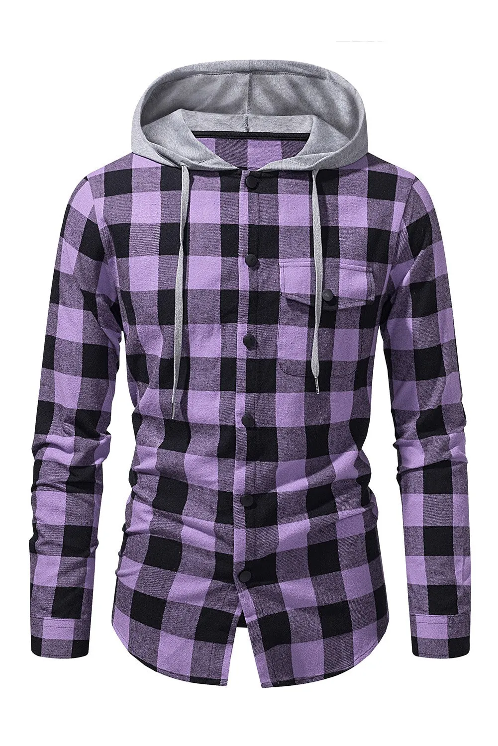 Mens Plaid Printed Drawstring Hooded Shacket