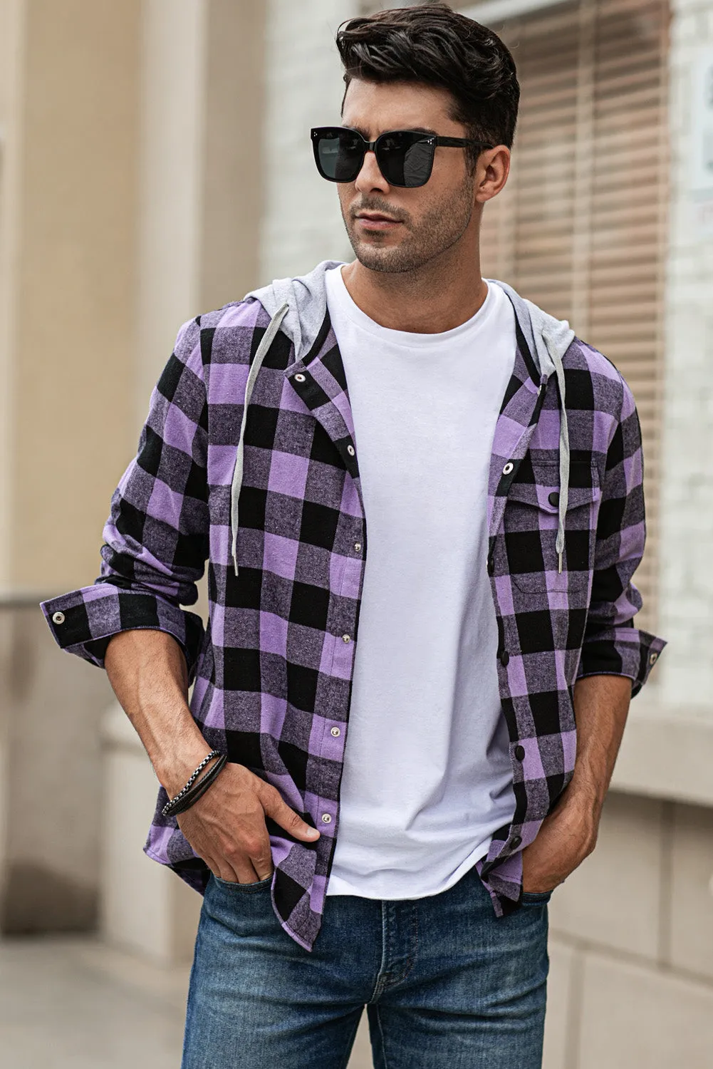 Mens Plaid Printed Drawstring Hooded Shacket