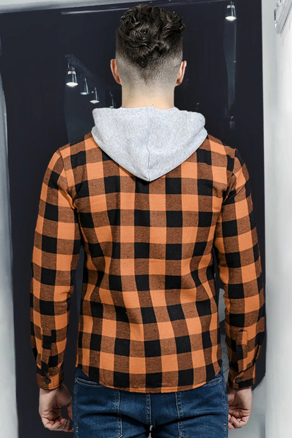Mens Plaid Printed Drawstring Hooded Shacket