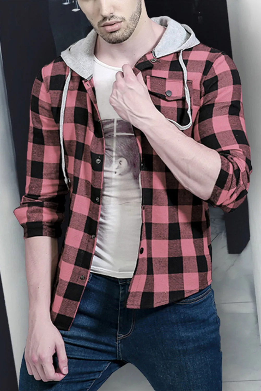 Mens Plaid Printed Drawstring Hooded Shacket