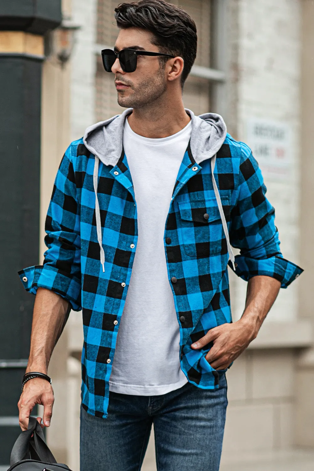 Mens Plaid Printed Drawstring Hooded Shacket