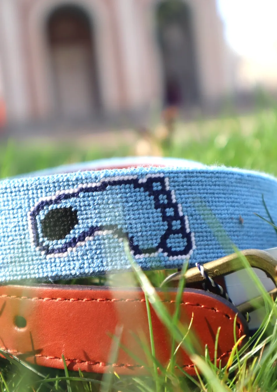 North Carolina Tar Heels Men's Belt in Light Blue Needlepoint with Foot by Smathers and Branson