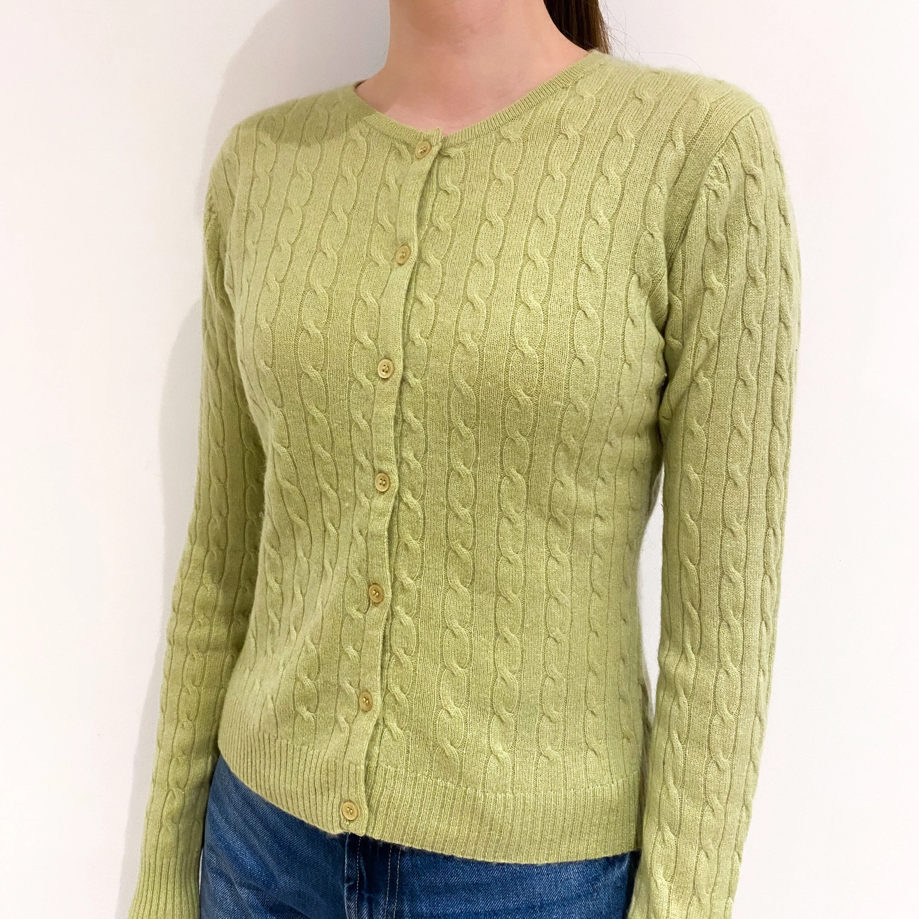 Pistachio Green Cable Front Cashmere Crew Neck Cardigan Extra Small