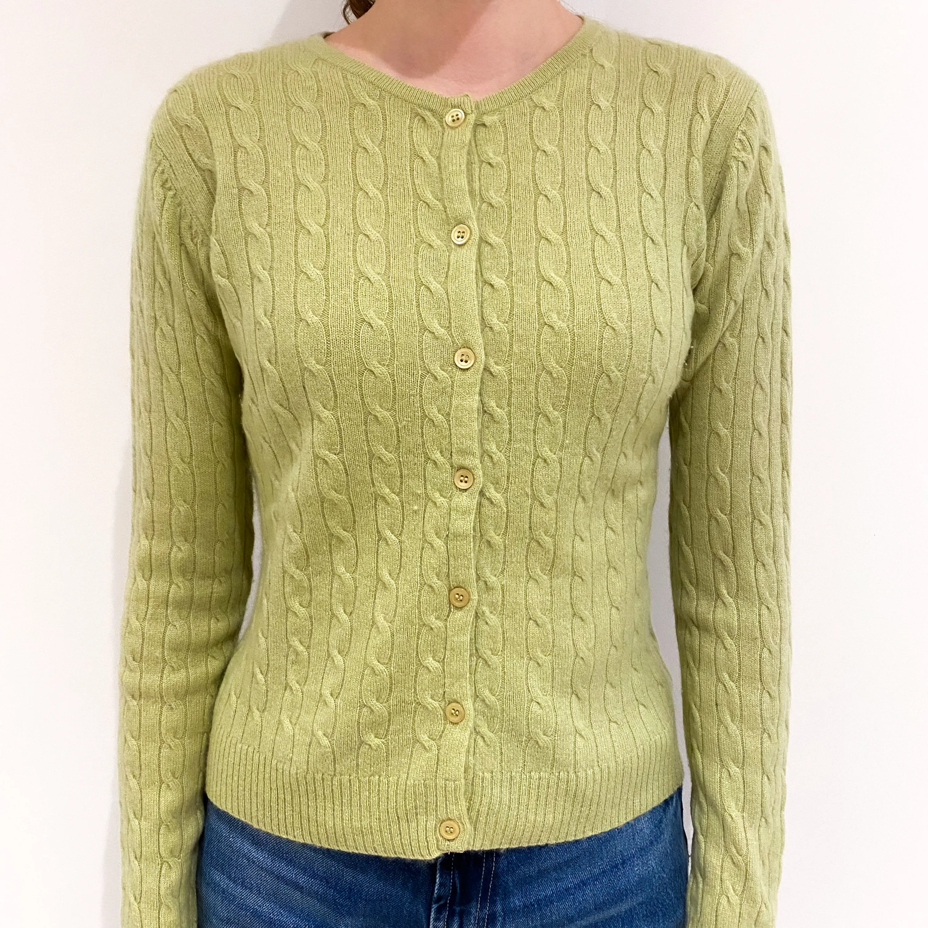 Pistachio Green Cable Front Cashmere Crew Neck Cardigan Extra Small