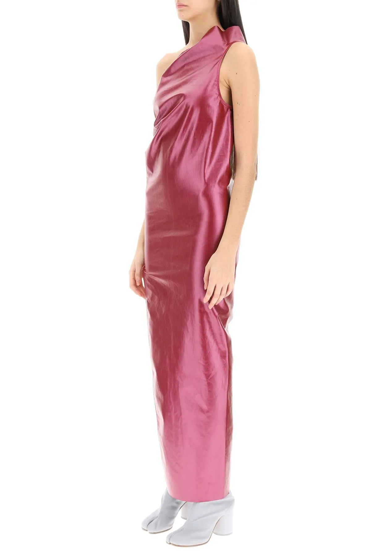 Rick owens one-shoulder long dress in laquered denim