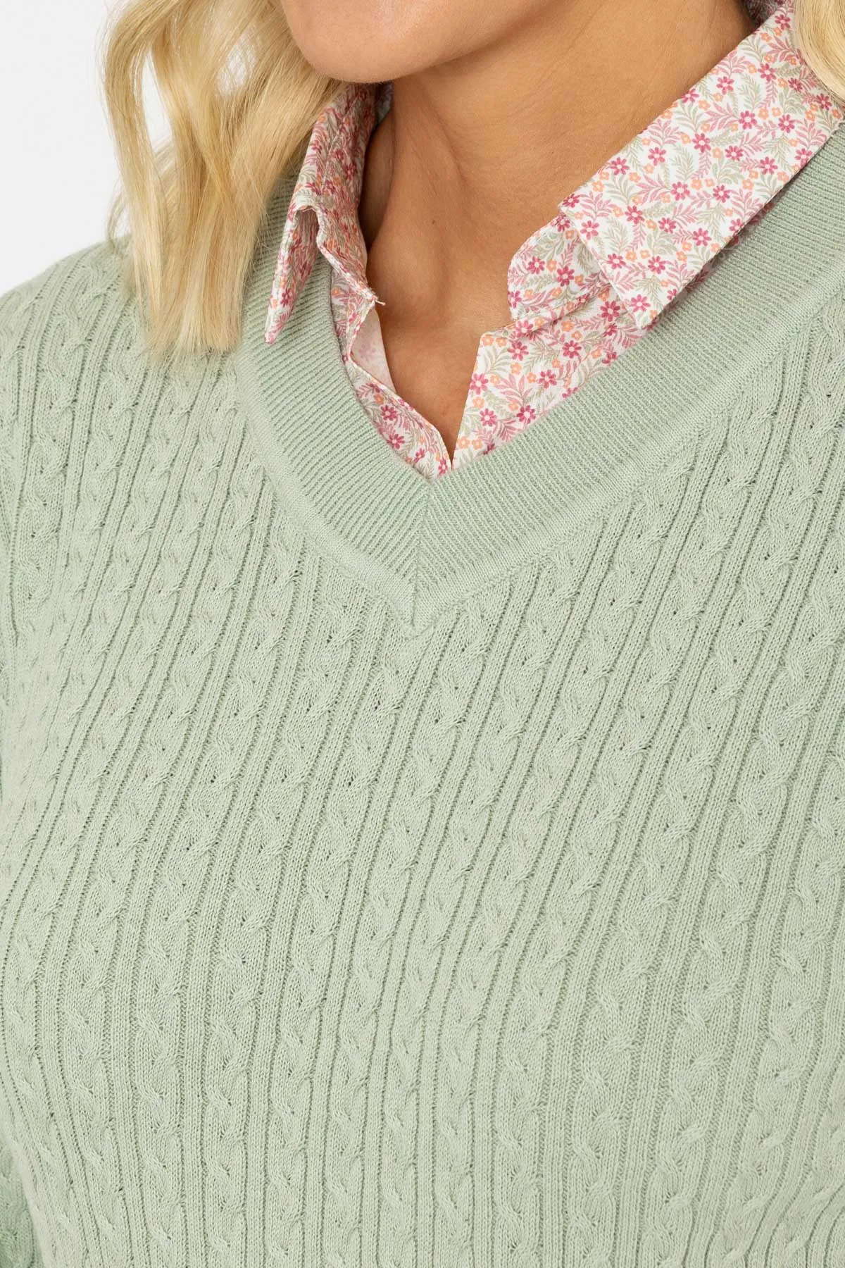 Shirt Collar Cable Knit Jumper in Green